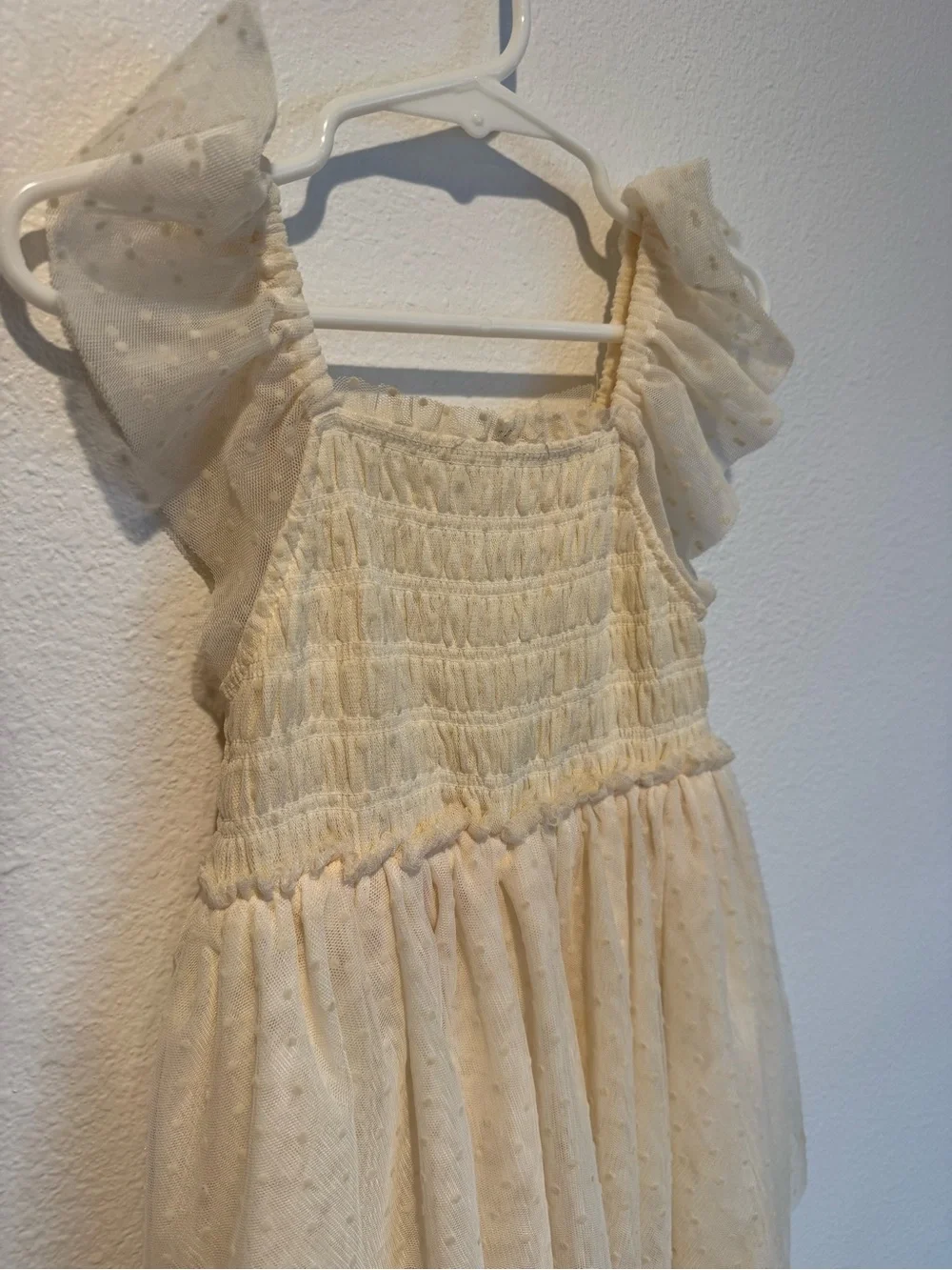 Cream Tiered Tulle Dress with Puff Sleeves for Girls
